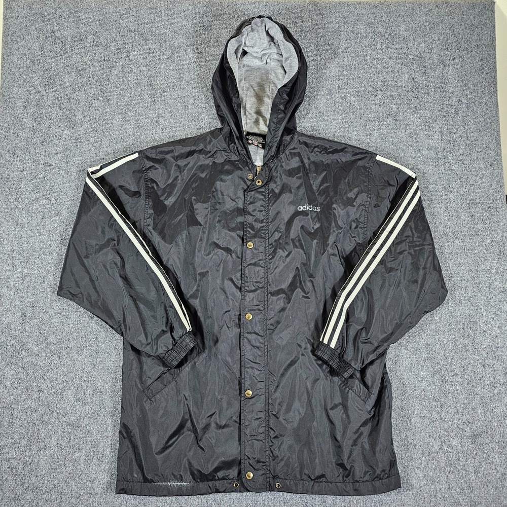 Vintage Adidas Full Zip Hooded Windbreaker Black Mens Size Medium T Flaws Sports